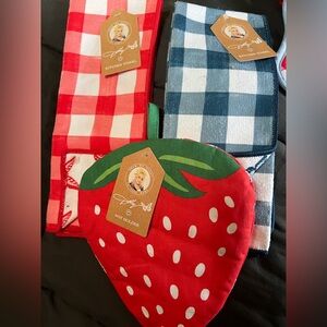 Strawberry Pot Holder and Checkered Kitchen Towel Set